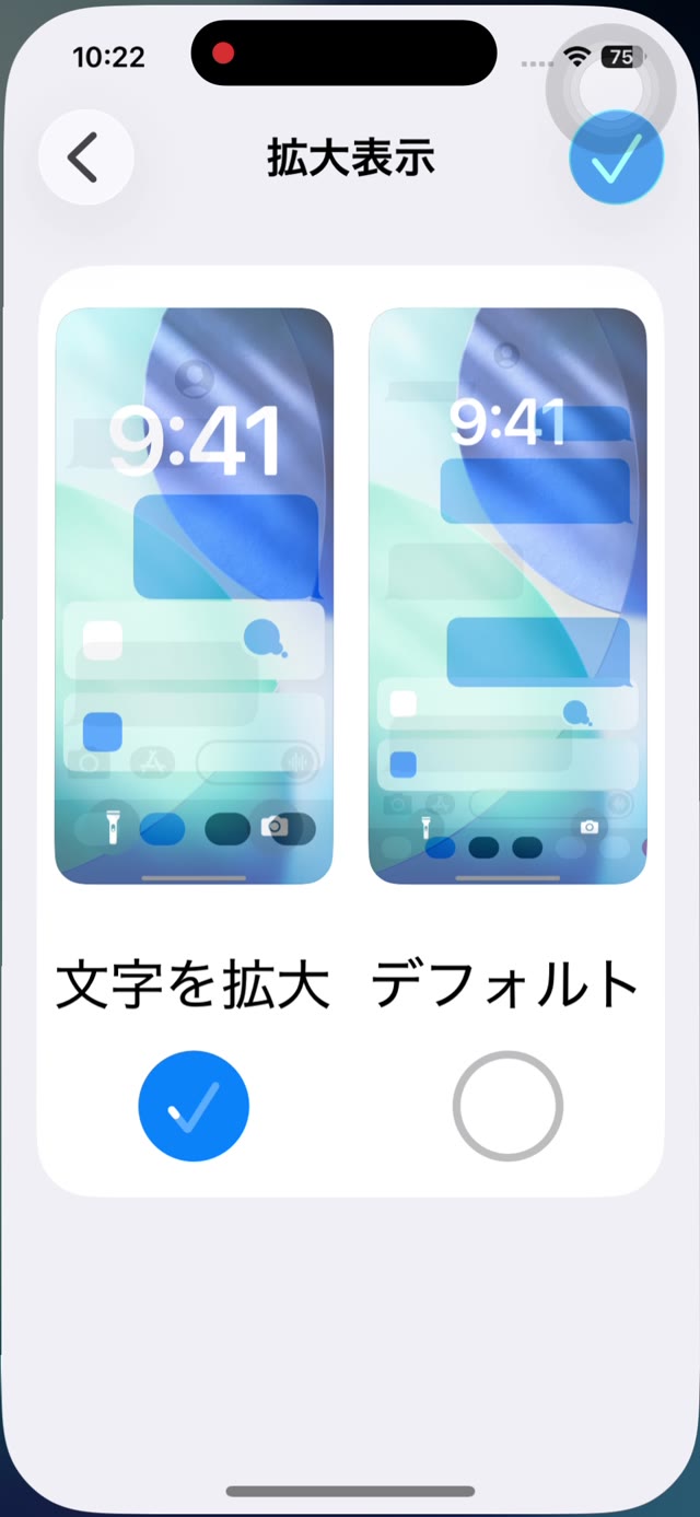 拡大表示の選択画面。「文字を拡大」と「デフォルト」が並んでいる